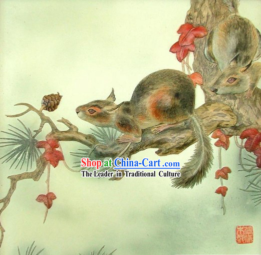 Chinese Classic Large Hand Carved Wood House Solid Decorative Painting-Squirrel