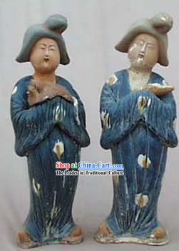 Chinese Tang San Cai Statue-Tang Dynasty Fat Ladies Holding Dogs and Baby_2 Pieces Set_