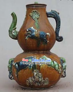 Chinese Classic Archaized Tang San Cai Statue-Six Horses Calabash Shaped Pot