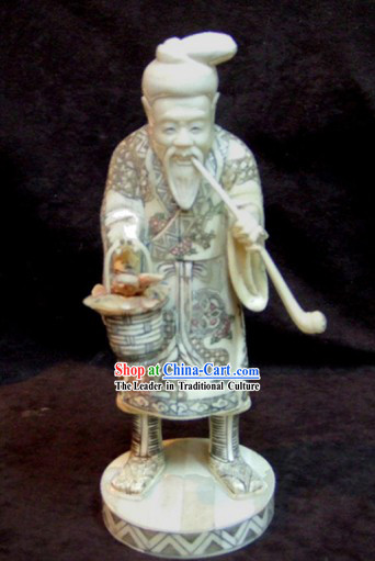 Chinese Classic Ox Bone Handicraft Sculpture Statue-Ancient Healthy Old Man