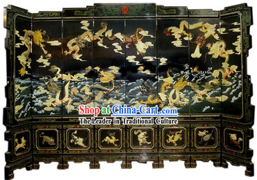Chinese Hand Made Lacquer Ware Screen-Nine Dragons Legend