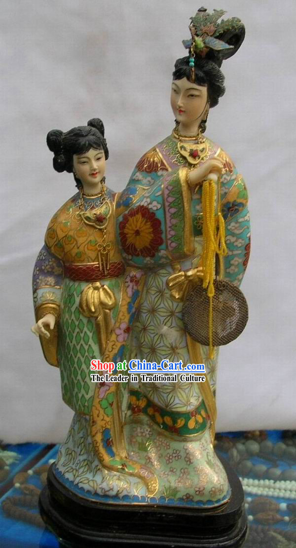 Chinese Palace Empress and Servant Cloisonne Statue