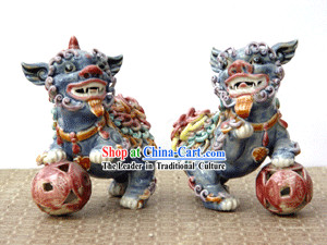 Hand Made Shi Wan Artistic Ceramics Statue-Dancing Lion Pair