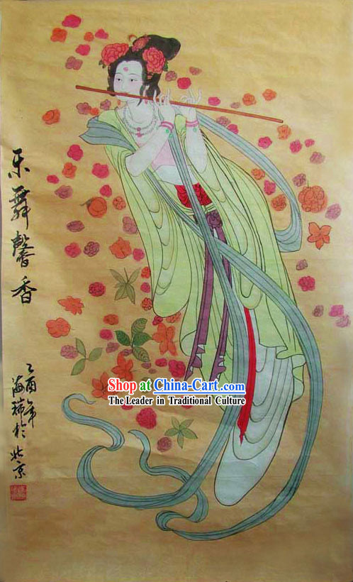 Chinese Traditional Painting-Flying Dancing Fairy Playing Flute