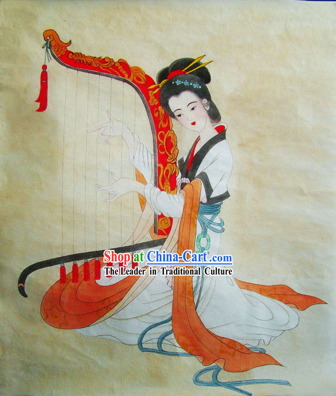 Chinese Traditional Painting-Tang Dynasty Harp Maid