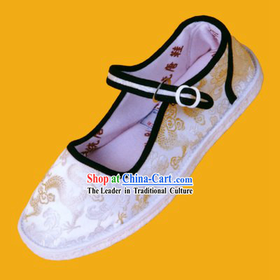 Chinese Traditional Hand Made Folk Dragon White Cloth Shoes for Man 1