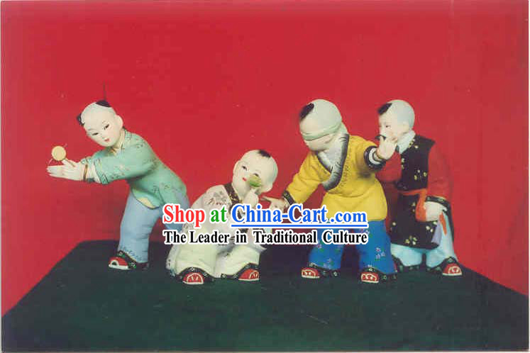 Hand Painted Sculpture Arts of Clay Figurine Zhang-Ancient Kids Playing