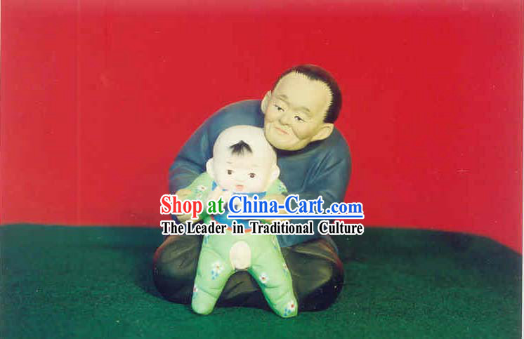 Chinese Hand Painted Sculpture Art of Clay Figurine Zhang-Grandmather Love