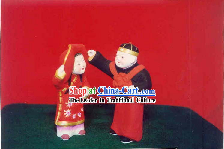 Chinese Hand Painted Sculpture Art of Clay Figurine Zhang-Getting Married Bride and Bridegroom