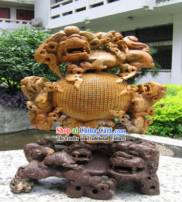 Chinese Stunning Hand Carved Craft-Seven Lions Playing Ball