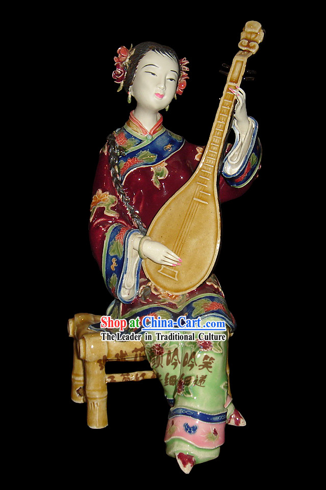 Chinese Stunning Colourful Porcelain Collectibles-Ancient Maiden Playing Lute