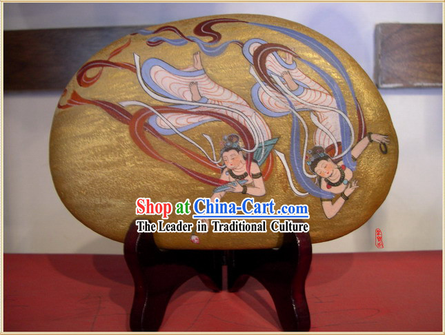 Chinese Dunhuang Hand Painted Cobblestone Mural Art-Dancing Fairies