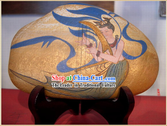 Chinese Dunhuang Hand Painted Cobblestone Mural Art-Playing Harp