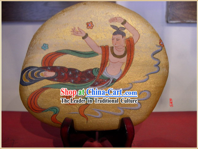 Chinese Dunhuang Hand Painted Cobblestone Mural Art-Chang E