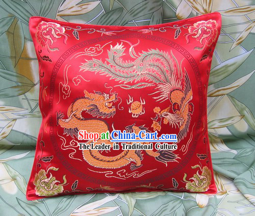 Chinese Lucky Red Dragon and Phoenix Cushion Covering