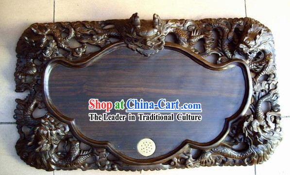 Chinese Hand Carved Natural Ebony Wood Tea Tray-Dragon Gathering