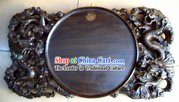 Chinese Hand Carved Ebony Wood Tea Tray-Double Dragons Playing Ball