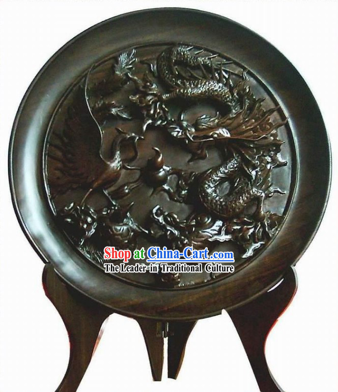 Chinese Hand Carved Ebony Wood Plate-Dragon, Phoenix, Tortoise and Kylin