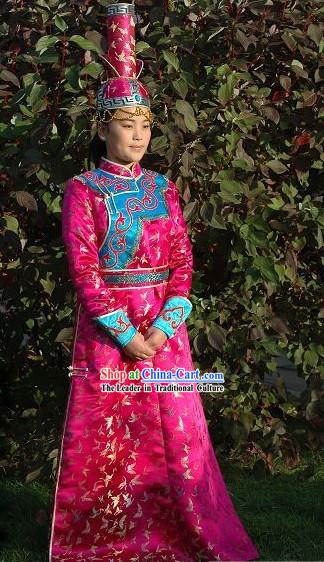 Chinese Traditional Mongolian Long Robe and High Hat Complete Set for Women