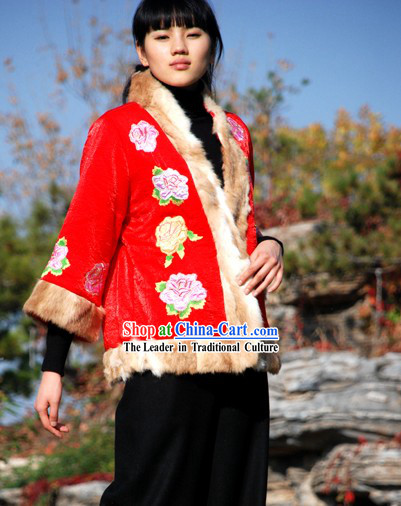 Chinese Traditional Mandarin Handmade Rabbit Fur Long Peony Blouse