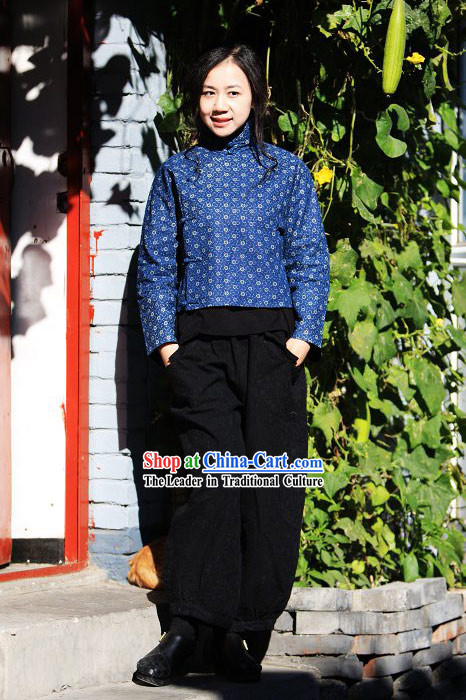 Chinese Traditional Blue Folk Cotton Blouse for Women