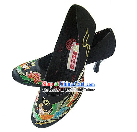 Chinese Classical Handmade and Embroidered Dragon and Phoenix High Heel Shoes