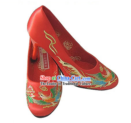 Chinese Classical Handmade and Embroidered Dragon and Phoenix High Heel Wedding Shoes _red_