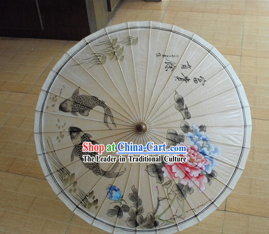 Traditional Chinese Hand Painting Beach, Rain and Sun Umbrella - Fish and Peony