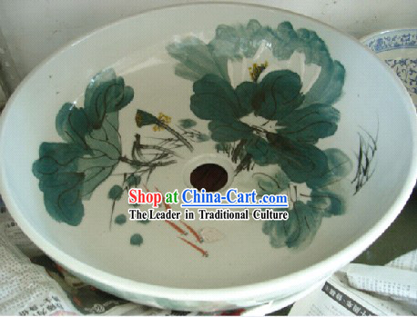 Chinese Classic Jing De Zhen Ceramic Hands Painted Lotus Bathroom Basin