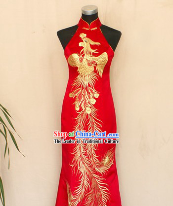 Chinese Traditional Lucky Red Phoenix Cheongsam