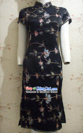 Chinese Stunning Elegant Flower Silk Cheongsam _Qipao_