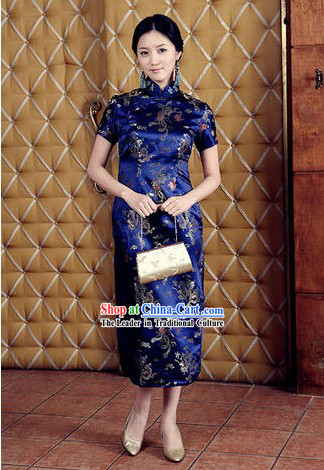 Chinese Classical Blue Phoenix and Dragon Pattern Cheongsam _Qipao_