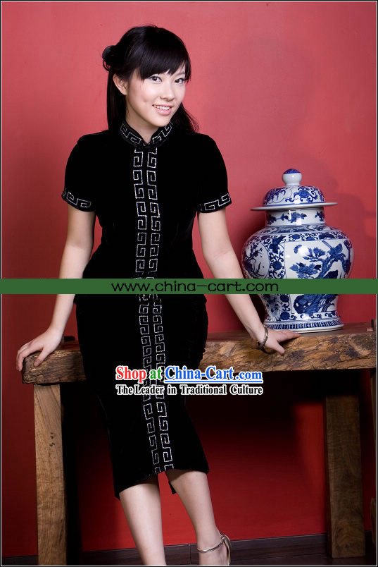 Supreme Chinese Stunning Cloud Velour Long Cheongsam