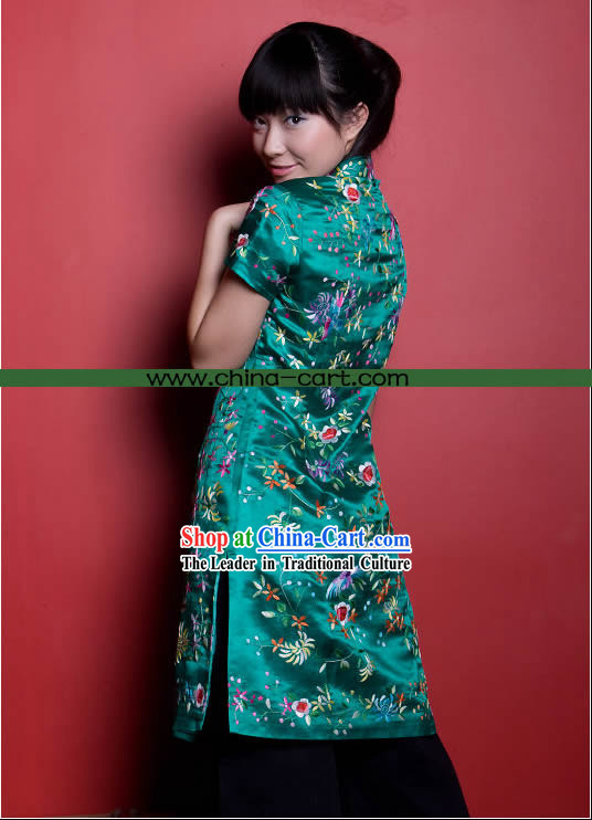 Traditional Chinese Stunning Hand Embroidered Flower Garment _green_