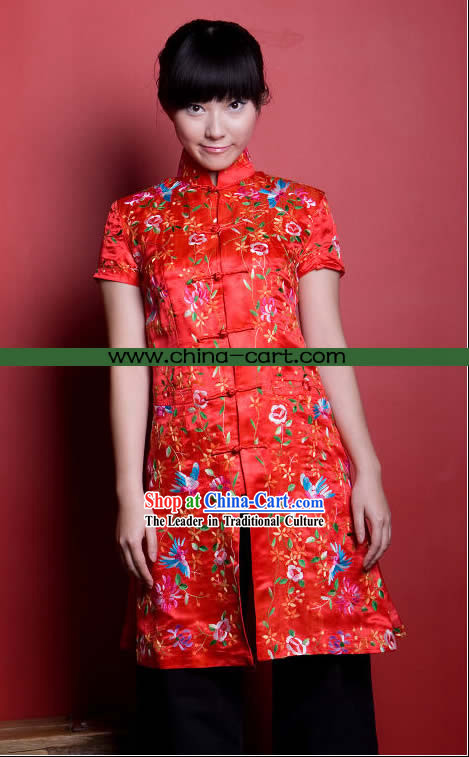 Traditional Chinese Stunning Hand Embroidered Flower Garment _red_