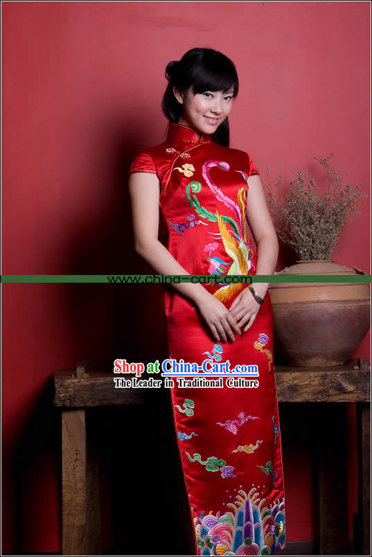 Stunning All Hand Embroidery Phoenix Red Silk Long Cheongsam _Qipao_