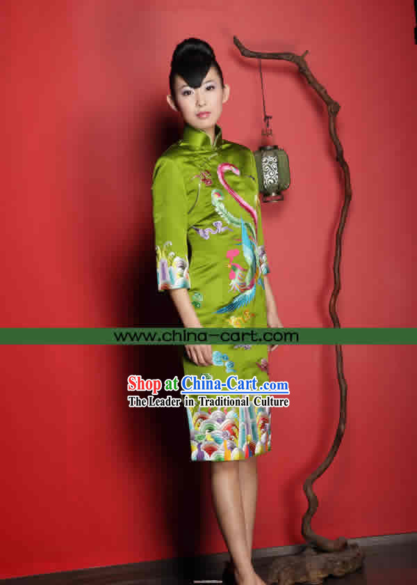 Stunning All Hand Embroidery Phoenix Red Silk Cheongsam _grass green_