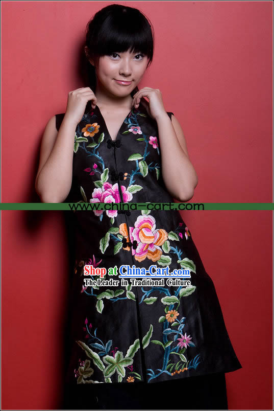 Stunning All Hand Embroidery Large Flower Black Silk Cheongsam _Qipao_