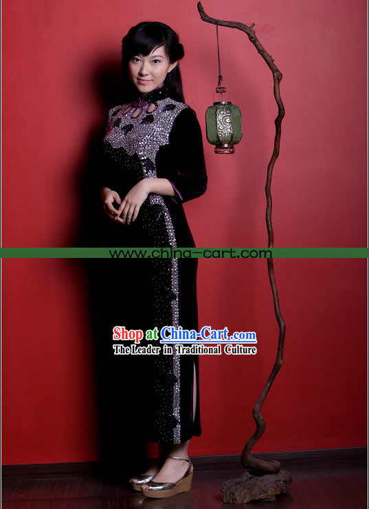 Supreme Chinese Stunning Stars Velour Long Cheongsam