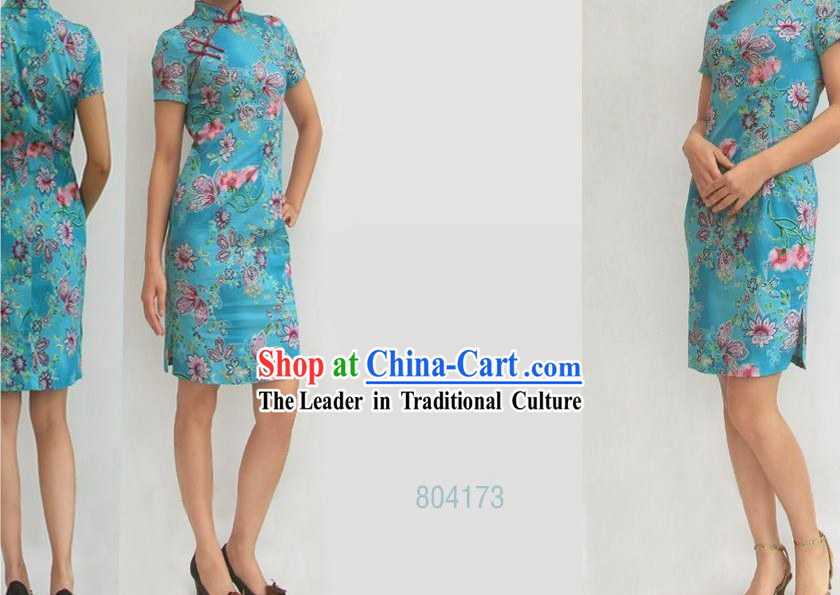 Chinese Stunning Light Blue Butterfly and Flower Cheongsam _Qipao_