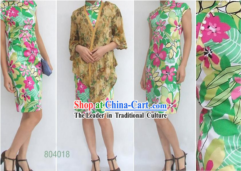 Chinese Traditional Mandarin Flower Green Cotton Cheongsam _Qipao_