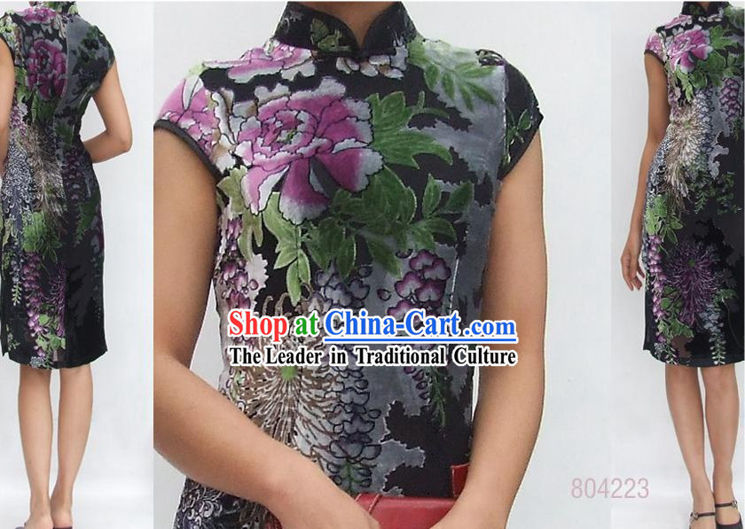 Chinese Traditional Mandarin Peony Silk Cheongsam _Qipao_