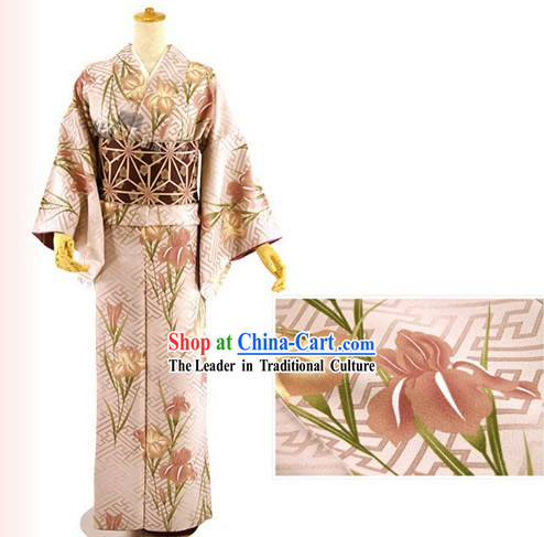 Traditional Japanese Pink Lily Kimono and Belt Full Set