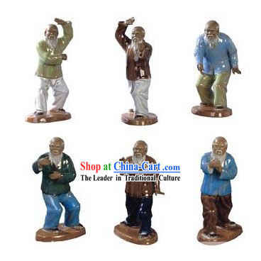 Chinese Traditional Shiwan Tai Chi Ceramic Figurines 6 Pieces Set