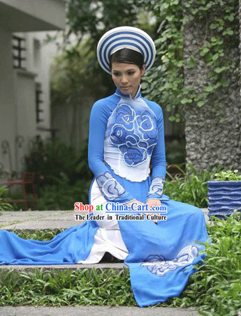 Vietnamese National Long Cheongsam Costume and Hat Set