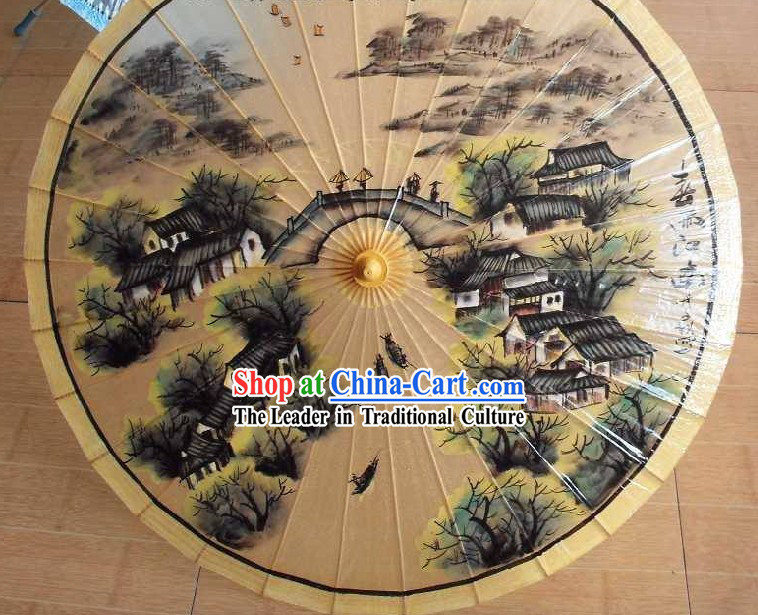 Traditional Chinese Hand Painting Beach, Rain and Sun Umbrella - Water Village