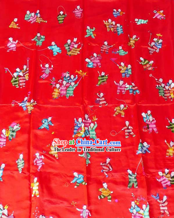 Chinese Hand Embroidery Silk Bedcover - Hundreds of Children