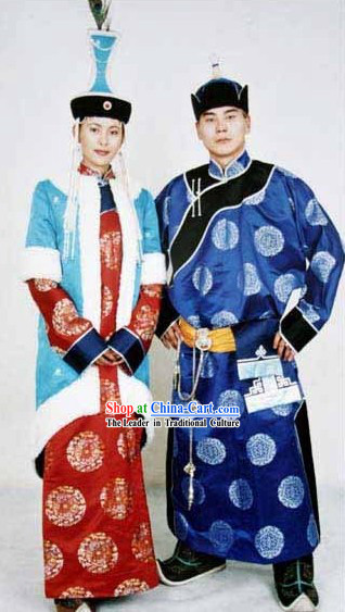 Traditional Mongolian Long Robe and Hat Complete Set for Bride and Bridegroom