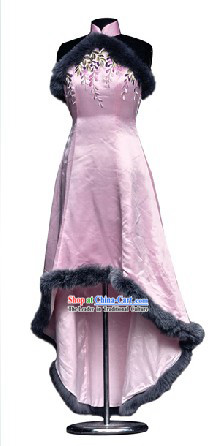 Traditional Mandarin Handmade and Embroidered Silk and Fox Fur Full Dress