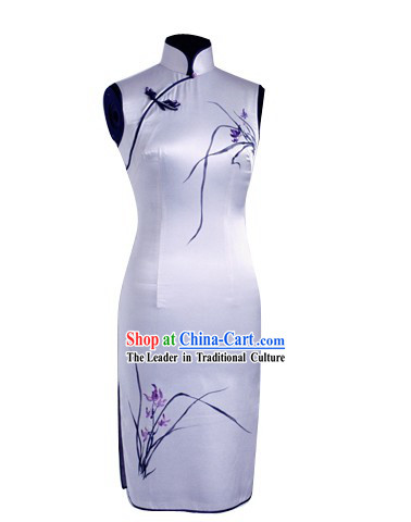 Traditional Mandarin Handmade and Painted Orchid Silk Cheongsam